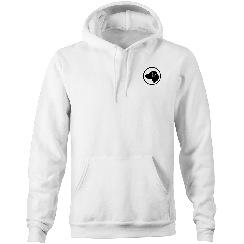 white hoodie black dog logo